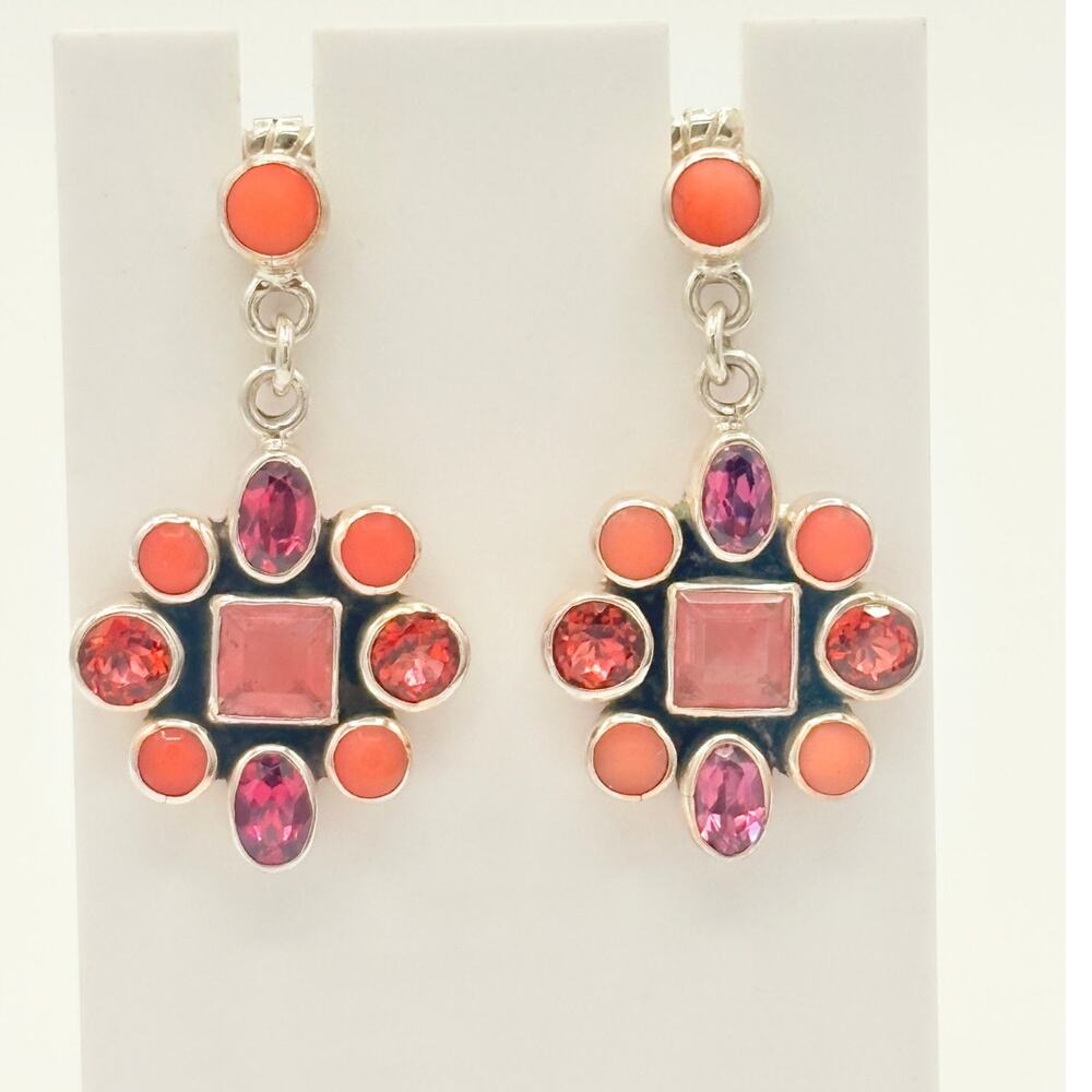 Artisan Crafted Sterling Earrings w/ Amethyst, Topaz & Coral Gemstones